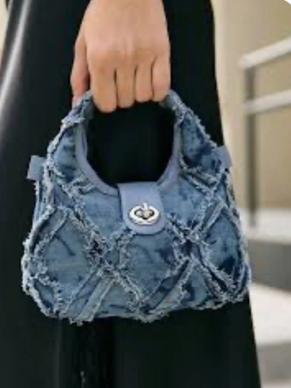 Y2K Grunge Frayed Trim Patchwork Denim Mini Hobo handbag